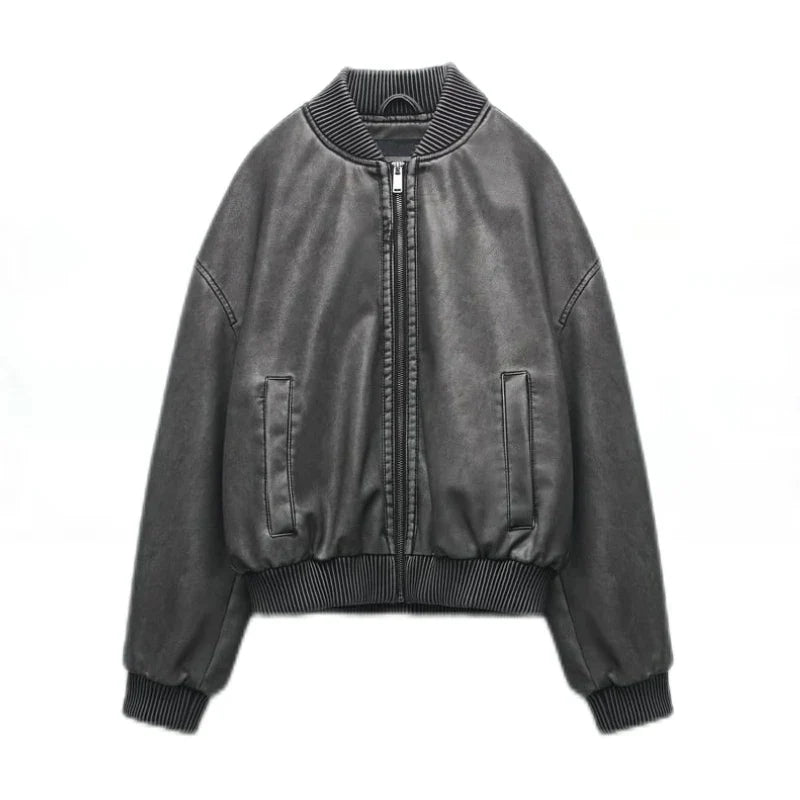 Women's Cropped Faux Leather Bomber Jacket