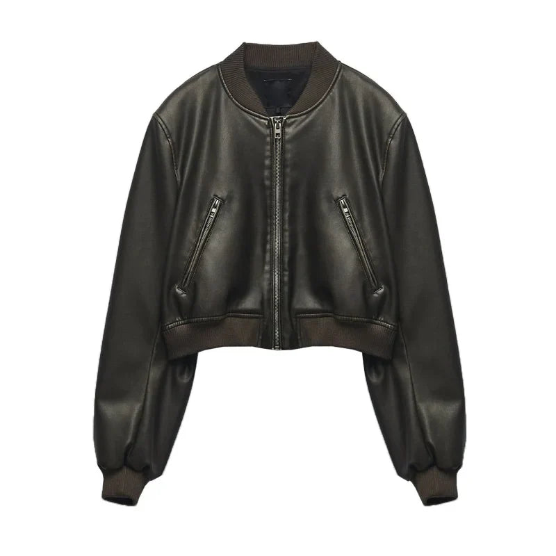 Women's Cropped Faux Leather Bomber Jacket